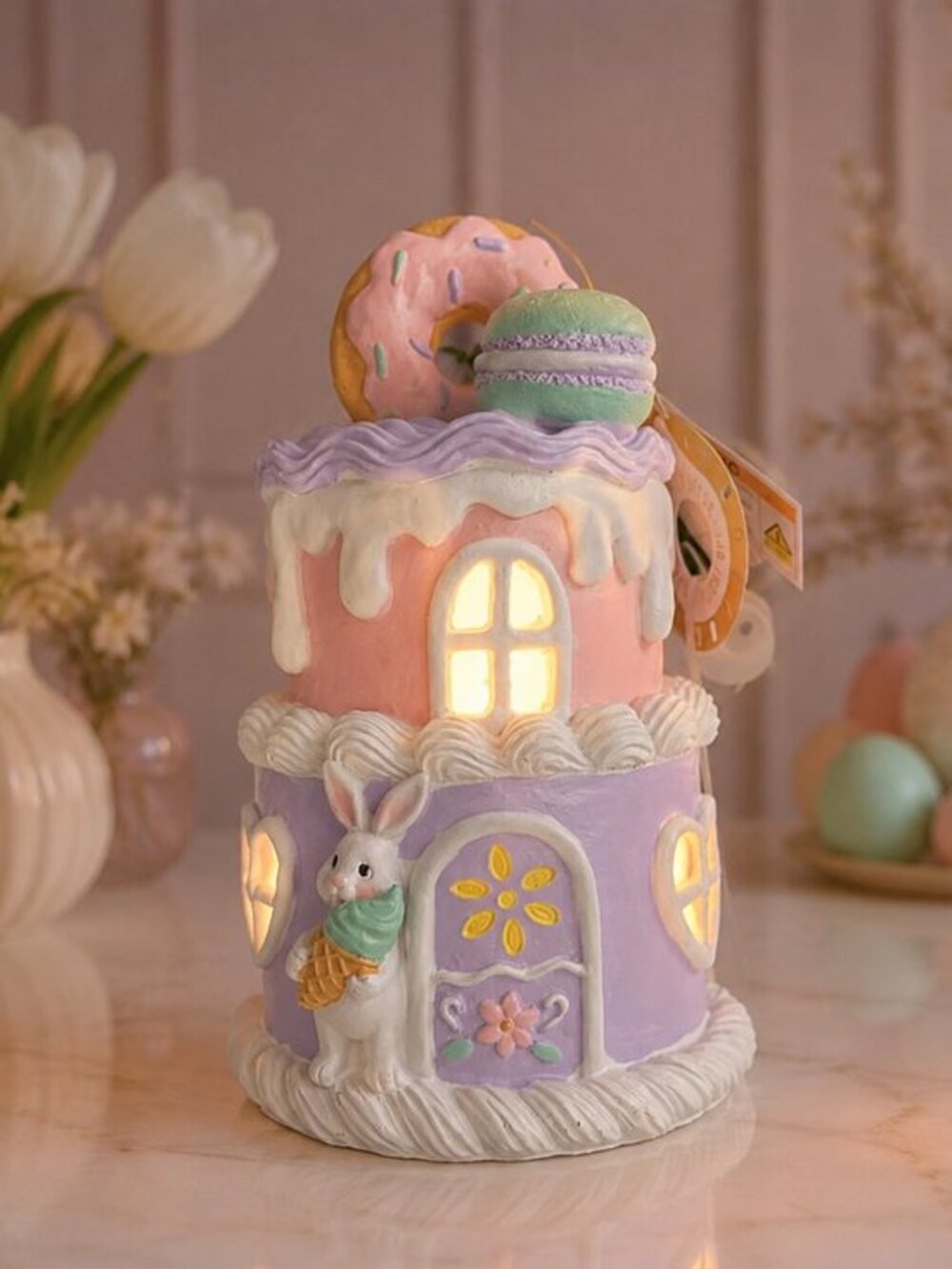 Easter Bunny Ice Cream Cake LED Lighted Pastel Resin Tabletop Decor 10” NWT